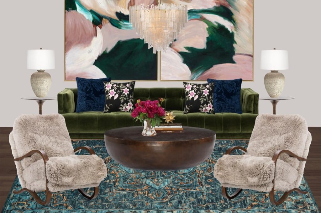 Living room expertly designed with a blend of classic charm and modern elements.